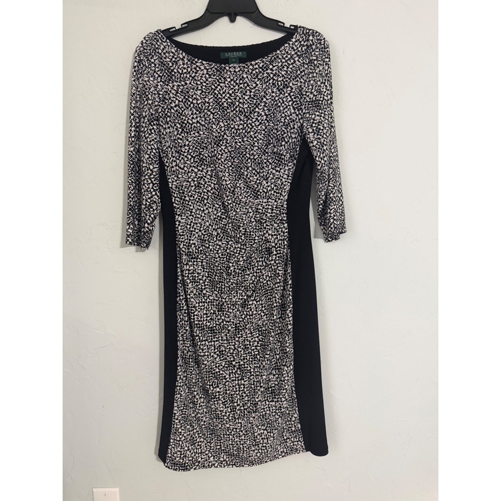 Lauren‎ Ralph Lauren Black White Mosaic Sheath Dress 3/4 Sleeve Ruched Size 10